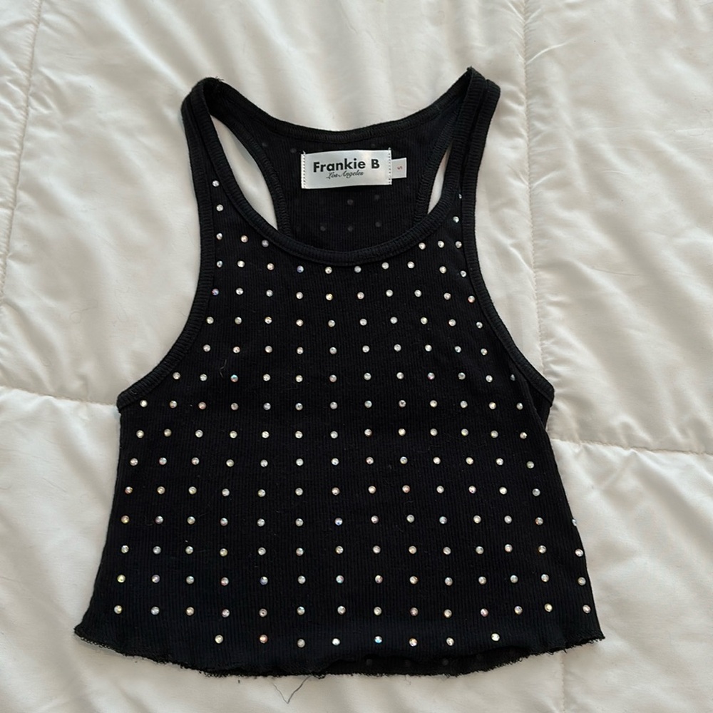 Frankie B. Rhinestone top, black tank top, size small